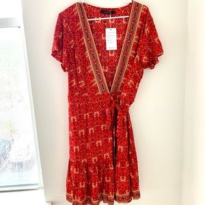 New with Tags Red/Orange Print Wrap Dress